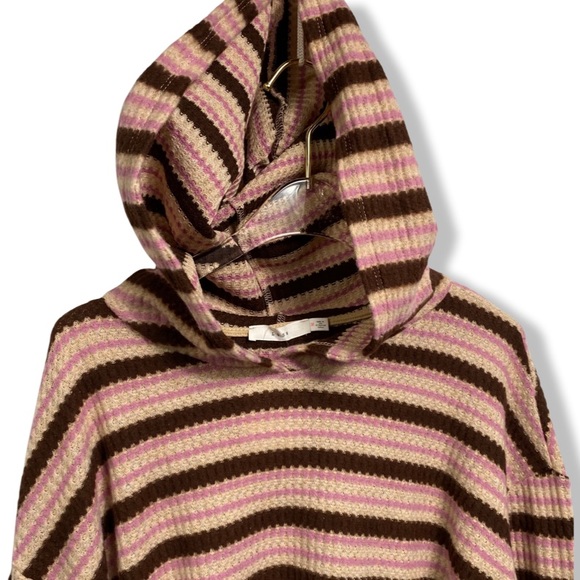 LUSH Cropped Hooded Pullover Sweater, Waffle Knit, Burgundy, Tan & Brown Stripes - Picture 1 of 13